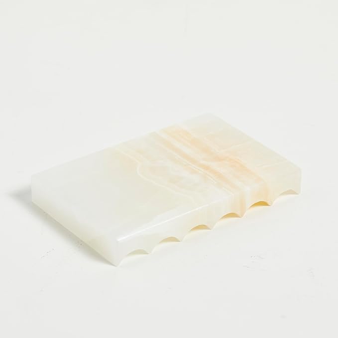 Luxurious Marble Soap Dish Jewelry Ring Tray - Rectangle Stone Soap Tray & Saver for Shower – Self Draining Soap Holder for Bathroom, Kitchen, White Onyx