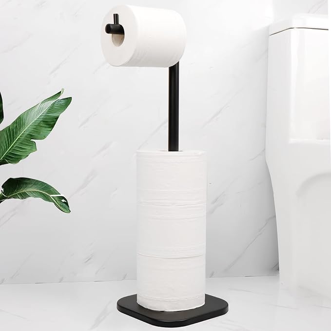 Toilet Paper Holder Stand, Free Standing Tissue Paper Storage for Bathroom, Stainless Steel Toilet Paper Stand with Reserve for 5 Roll Weighted Base Bathroom Toilet Roll Holder(Matte Black)