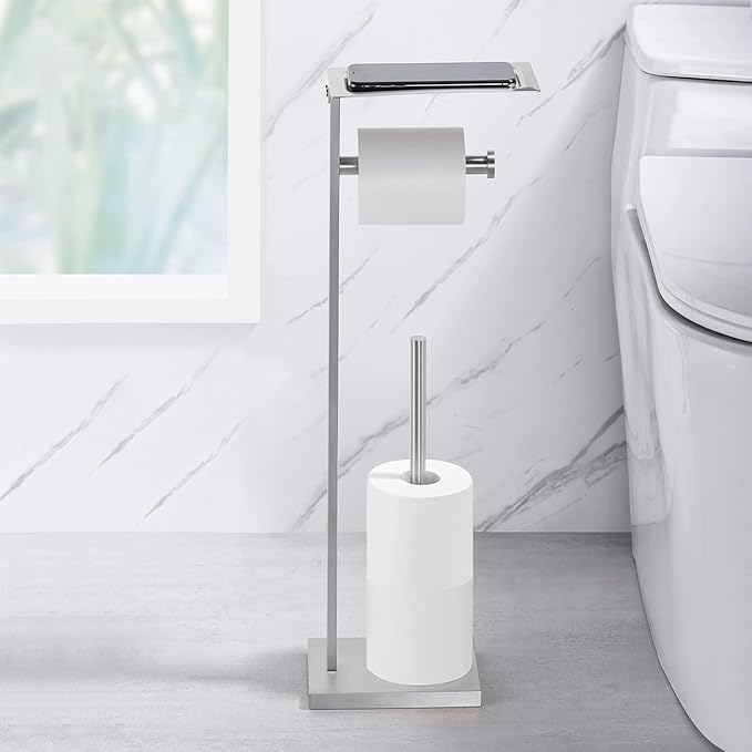 Miyili Bathroom Lavatory Toilet Tissue Roll Holder Stainless Steel Freestanding Toilet Paper Holder with Shelf Square Style Brushed Finish, F04N2