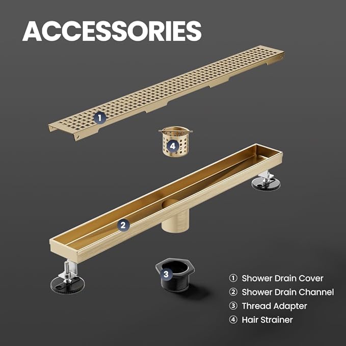 Linear Shower Drain 60 Inch Gold, Brushed AISI 304 Stainless Steel Shower Drain with Square Hole Panel, for Bathroom, Kitchen, Garage & More