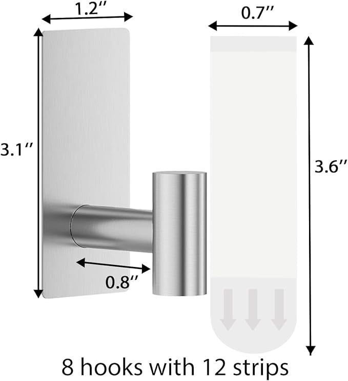 8 Pcs Towel Hooks Heavy Duty for Hanging，Adhesive Wall Hooks with Removable Strips，Sticky No Damage，Outdoor for Bathrooms，Shower，Stockings，Decor，Robe，Large，Silver 304 Stainless Steel