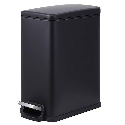 Garvee Small Bathroom Trash Can with Lid, 10 Liter / 2.6 Gallon Stainless Steel Garbage Can with Removable Inner Bucket & Step Pedal, Slim Metal Trash Bin for Toilet, Bedroom, Kitchen, Office, Black