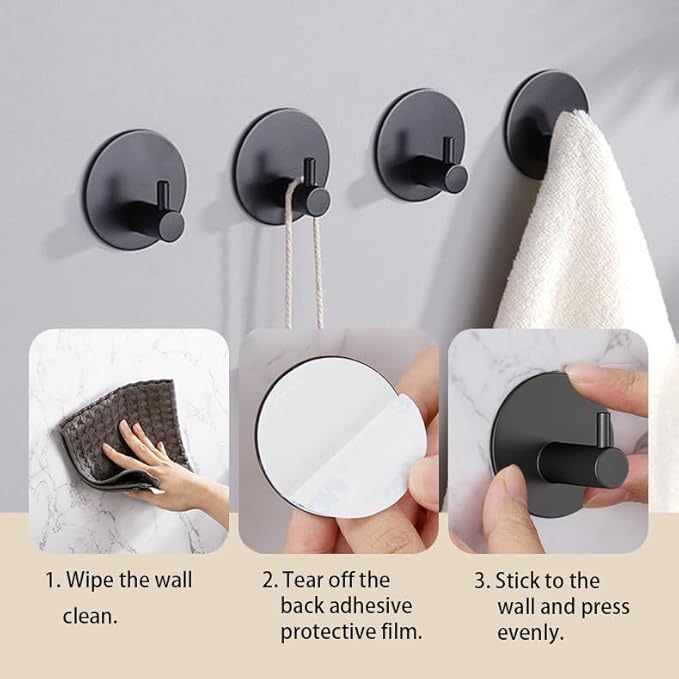Miliocry 6 Packs Bathroom Towel Hooks, Adhesive Hooks Heavy Duty Wall Hook, Waterproof Stainless Steel Towel Hanger Robe Hat Coat Holder, Wall Mount Hooks for Bathroom,Bedroom,Kitchen(Black-Round)
