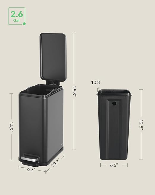 Small Bathroom Trash Can with 15 Garbage Bags,2.6 Gallon Stainless Steel Garbage Can with Lid Soft Close,Small Trash Bin for Bathroom,Kitchen,Home Office,Black