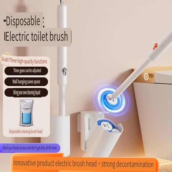 Electric Toilet Brush with Disposable Heads, Wall-Mounted Power Scrubber, 3-Speed Motor, 250 RPM Deep Clean Technology (Grayish-White)