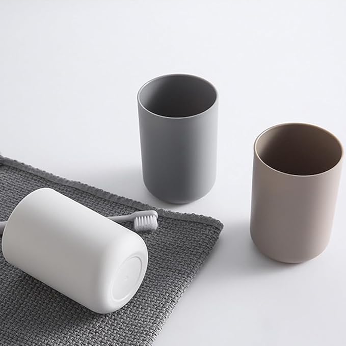 Bathroom Plastic Toothbrush Cup, Tumbler for Home Bathroom Toothbrush Holder, Unbreakable Dishwasher Safe, Reusable and Sturdy Drinking Cup, 11 OZ (White&Brown)