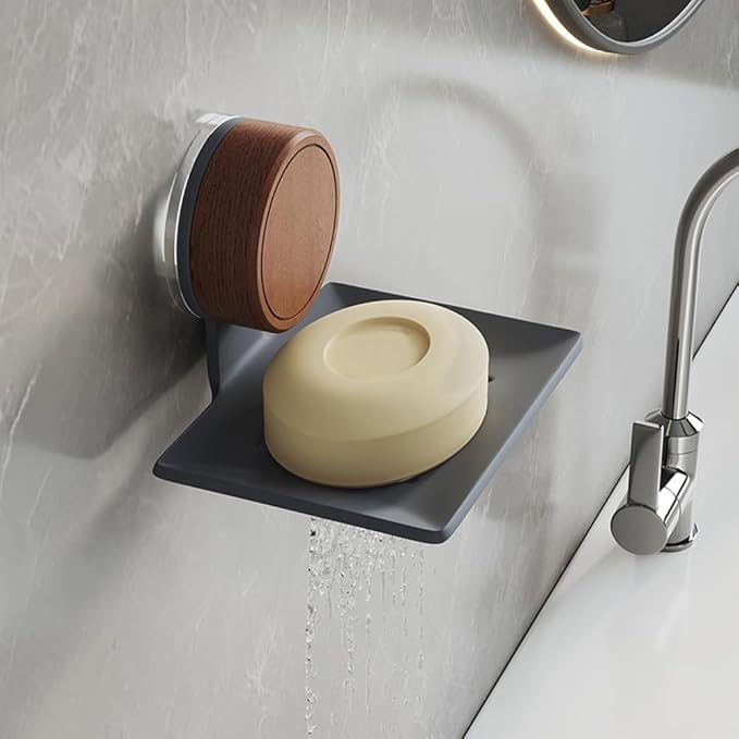Soap Dish, Walnut and Stainless Steel,Soap Bar Holder for Shower Double-Sided Tape Wall Mounted, No-Drilling Waterproof Sponge Holder for Bathroom Bathtub Kitchen Sink, Keep Dry (White)