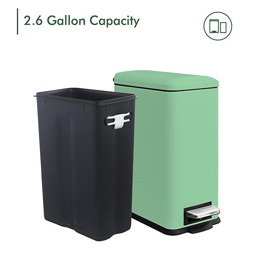 Bathroom Trash Can, 2.6 Gallon Small Trash Can with Lid and Step Pedal, Stainless Steel Wastebasket with Slim Design, Mini Garbage Can for Bathroom, Toilet, Office, Bedroom, Green
