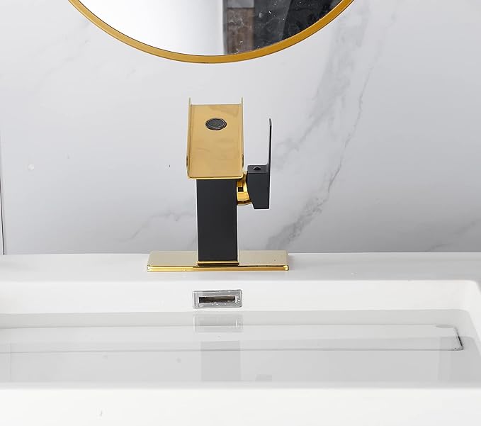 One Hole Bathroom Faucets LED Waterfall Spout Black and Gold RGB 3 Colors Light Changing Temperature Lavatory Vanity Sink Faucet Brass Single Handle Modern Washbasin Bath Tap Commercial Residential