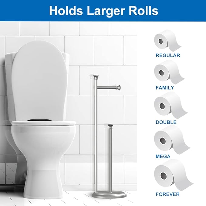 Free Standing Toilet Paper Holder Stand Brushed Nickel Toilet Roll Stand Bathroom Tissue Rack with Storage Reserves 5 Mega Rolls