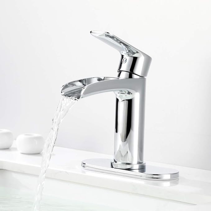 NEWATER Waterfall Spout Bathroom Sink Faucet Basin Mixer Tap Polished Chrome Single Handle with Pop-Up Drain & Supply Hoses