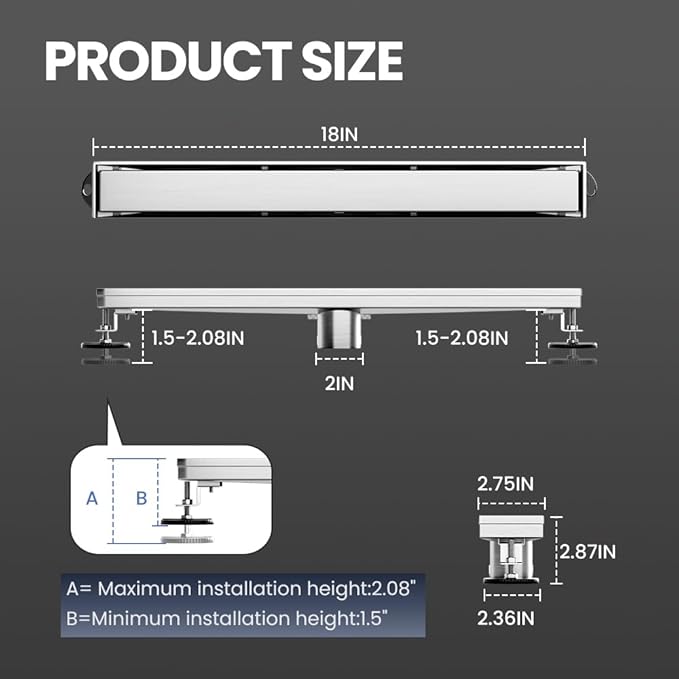 Linear Shower Drain 18 Inch, Shower Drain with 2-in-1 Tile Insert Panel, Brushed AISI 304 Stainless Steel Linear Drain for Fast Drainage, Floor Drain for Bathroom, Kitchen, Garage & More