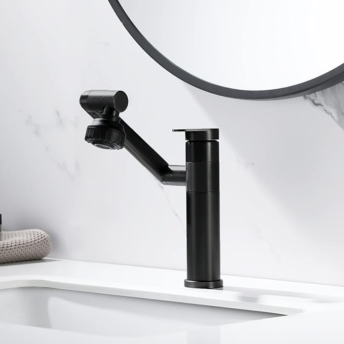 Black Bathroom Faucet 1080 Degree Swivel Lavatory Basin Sink Faucet 1 Handle Big Angle Spray Aerator Spout Extender Universal Rotating Splash Filter 2 Water Outlet Modes