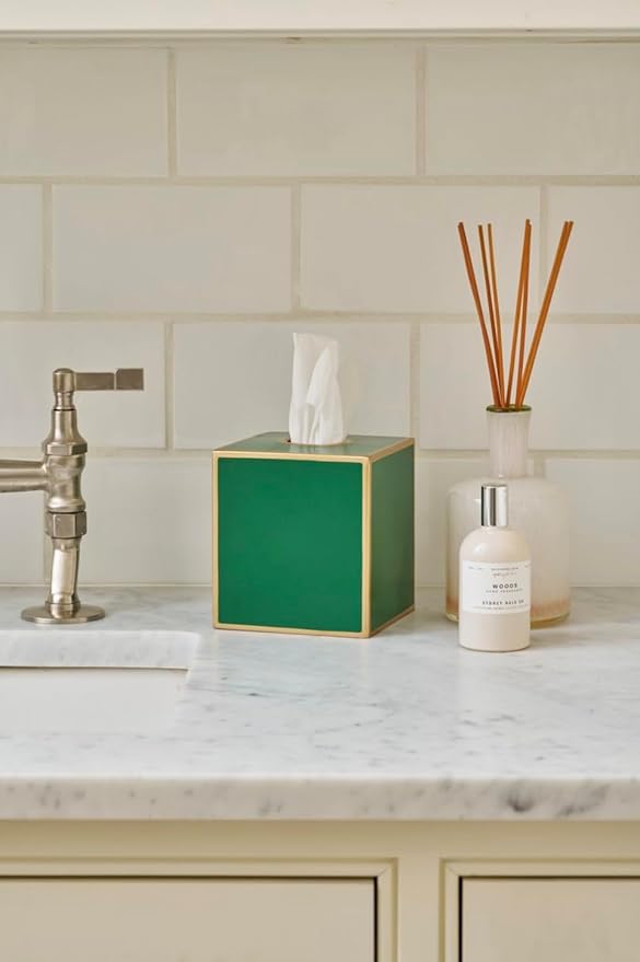 Jaye’s Studio Decorative Square Metal Tissue Box Cover Gold - Luxury Cube Facial Tissue Holder & Dispenser for Bathroom, Bedroom & Home, Modern Chic & Farmhouse Decor, Mattie Line (Emerald Green)