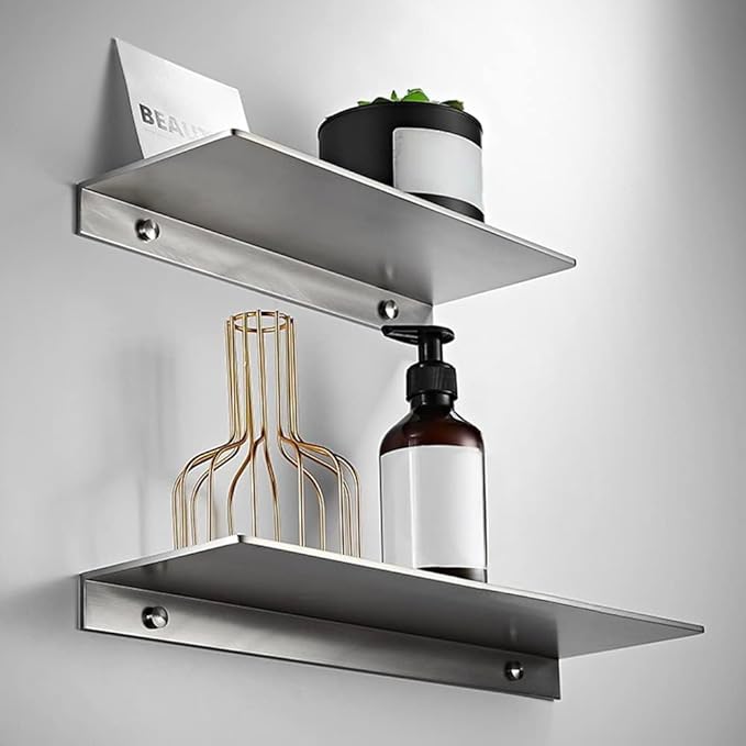 12Inch Stainless Steel Wall Mounted Floating Shelf Drilling or Shelf Adhesive Modern Room Decor Wall Shelf Floating Shelf for Bathroom Bedroom Decor