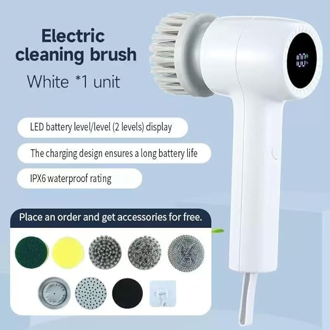 Electric Cleaning Brush Cordless, IPX6 Waterproof Electric Spin Scrubber, Sonic Scrubber with LED Display, 5Replacement Heads, 2 Adjustable Speeds Bathroom Brush for Kitchen/Tile/Garden/Floor/car