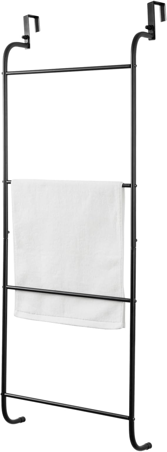 MyGift Black 4 Rung Metal Ladder Over The Door Towel Rack - Bathroom Towel Holder, Over Shower Door Drying Rack for Towels & Blankets