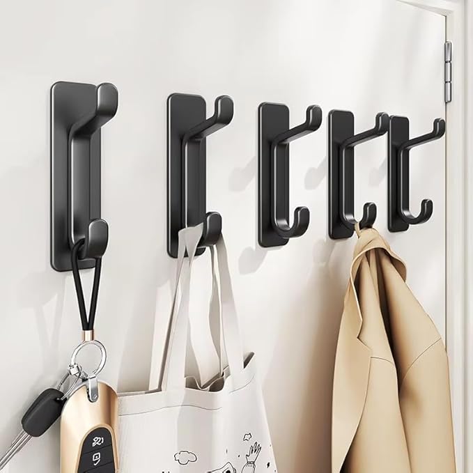 Quik D Heavy Duty Adhesive Wall Hooks for Hanging (4 Pack) — Waterproof & Rustproof Double Hooks, No Drilling Stick On Hooks for Bathroom, Kitchen, Door, Coat, Towel, Keys & Robes (6)