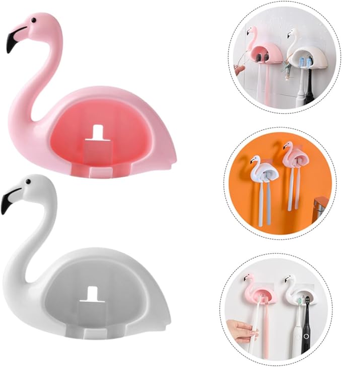 Unomor 2pcs Flamingo Toothbrush Holder Wall Mounted Electric Brush Organizer Punch Installation Cute Cartoon Design for Bathroom Storage and Family Use