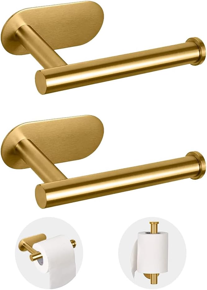 2 Pack Toilet Paper Holder Self Adhesive,Rustproof Adhesive Toilet Roll Holder No Drilling Tissue Holder for Kitchen Bathroom Tissue Holder Bathroom, Kitchen, Washroom Wall Mount (Gold)