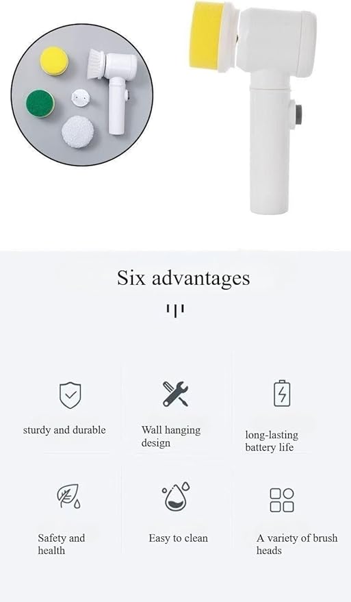 Cordless Electric Spin Scrubber - Multi-Surface Cleaning Brush with Multiple Brush Heads, Waterproof, Wall-Mountable for Bathroom, Kitchen, Tile, Pot & Dish Cleaning (Main Unit + 5 Brush Heads)
