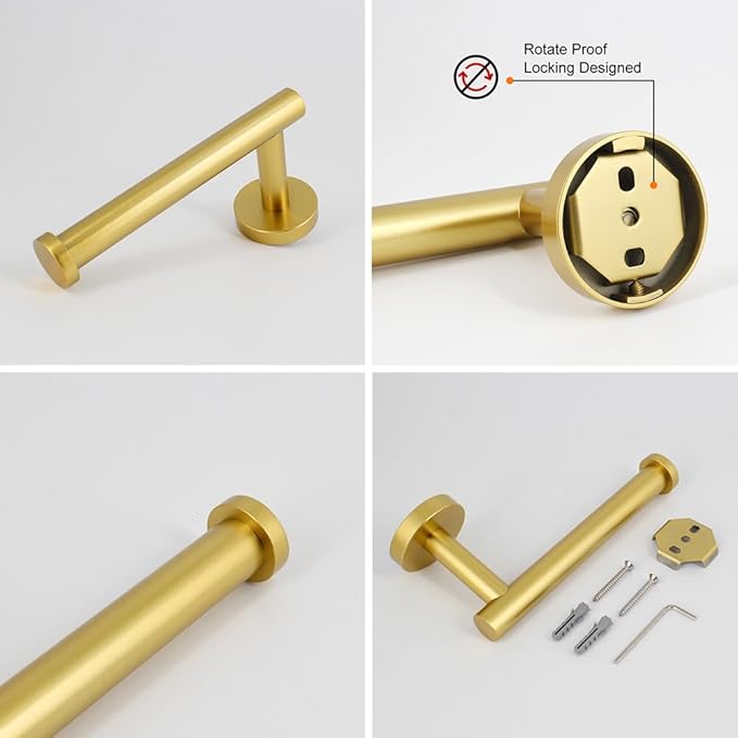 Gold 5-Pieces Bathroom Hardware Set Wall Mounted - Includes 24" Double Towel Bar, 12" Hand Towel Bar, Toilet Paper Holder, 2X Robe Towel Hooks