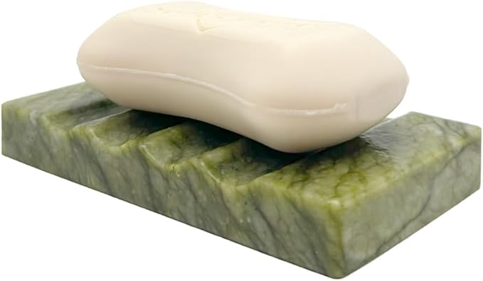 Real Marble Soap Dish for Shower - Decorative Stone Tray, Small Bar Soap Holder with Drainage | Non-Slip, Luxury Bath Room Accessories (Earth Green)