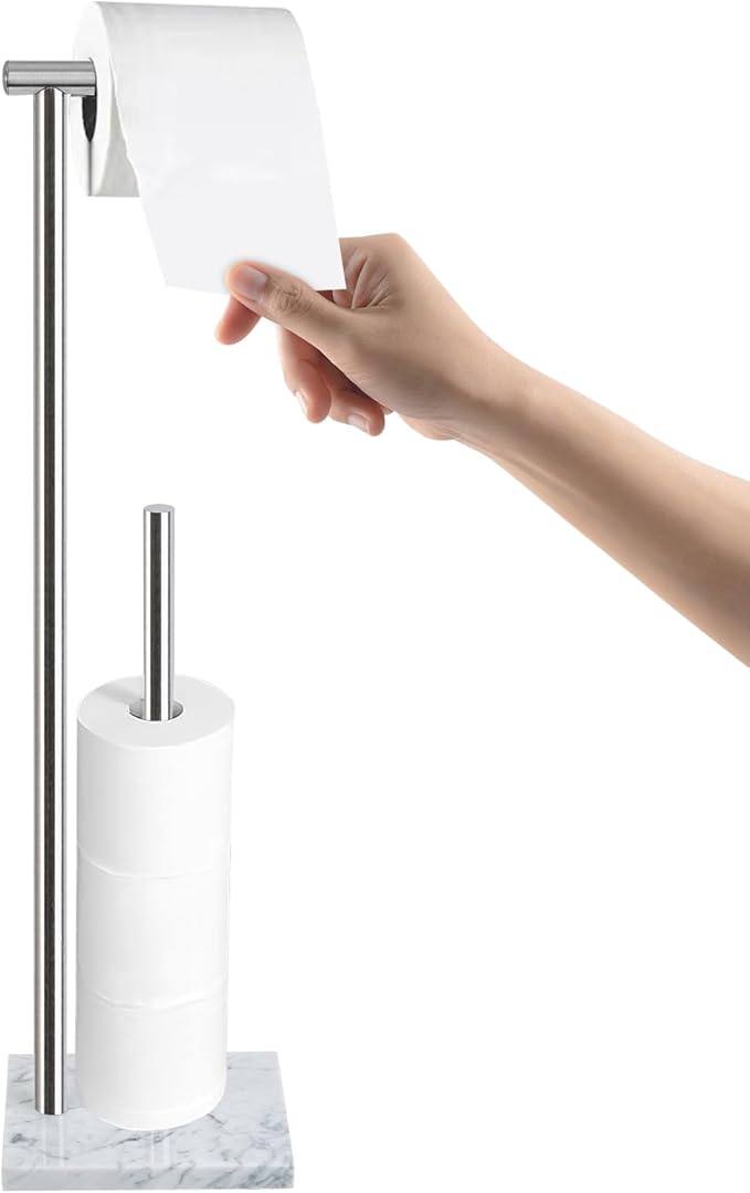 Toilet Paper Holder Stand with Weighted Natural Marble Base, Bathroom Free Standing Toilet Paper Roll Holder with Reserve, Standing Toilet Tissue Holder with Storage (Brushed Nickel, with Storage)