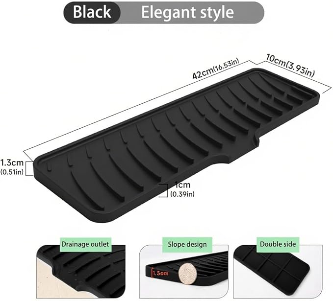 Silicone Faucet Mat for Kitchen Sink Bathroom Faucet Pad Sink Splash Guard Soap Sponge Holder Dish Drying Mat Double Side Available 2in1 Drainer Mat Heat-resistant 16.54x3.94in Black