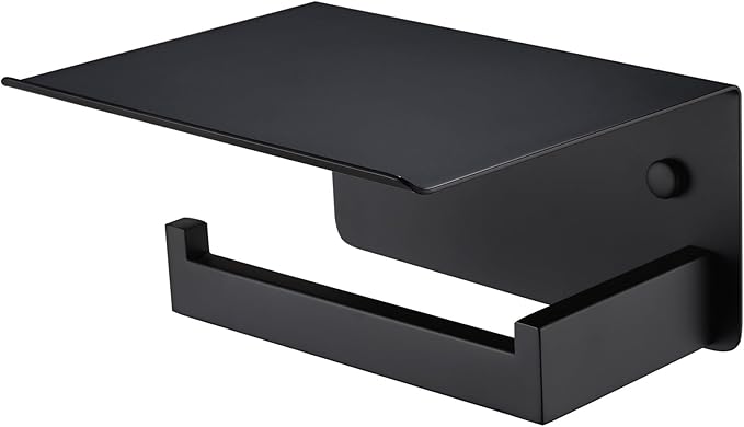 APLusee Matte Black Toilet Paper Holder with Shelf, Left Side 304 Stainless Steel Tissue Hanger, Wall Mounted