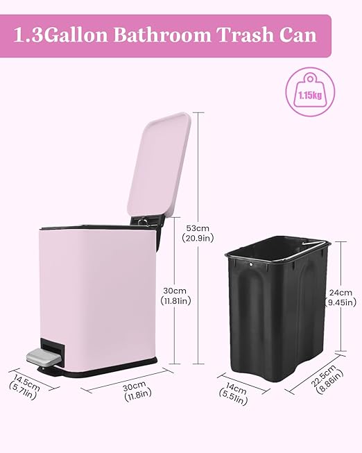 1.3 Gallon Trash Can with Removable Inner Bucket, Pink Trash Can with Soft Close lid, Stainless Steel Step Pedal Garbage Can for Bathroom, Living Room