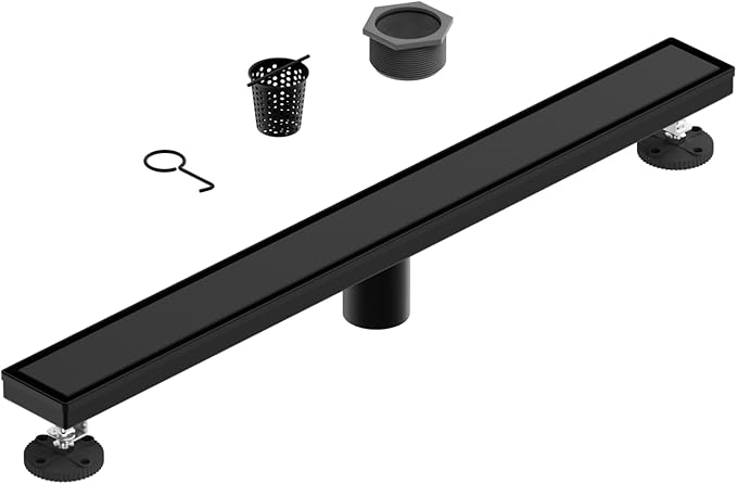 28-Inch Linear Shower Floor Drain, Stainless Steel Bathroom Floor Drains, Rectangular Shower Trench Floor Drain, Hair Strainer, Matte Black