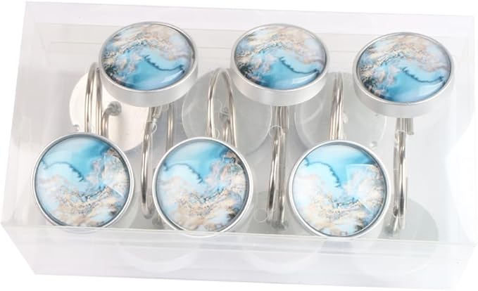 12PCS Blue Gray Glass Shower Curtain Hooks, Decorative Shower Curtain Rings Snowflake Texture Shower Hooks Rustproof Stainless Steel, Bathrom Decor