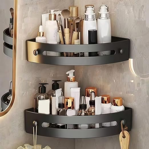2026 New Suction Cup Corner Shower Shelf, No-Drill Bathroom Corner Shelf Strong, Waterproof Suction Cup, Bathroom Organizers and Storage Countertop for Bathroom Kitchen (Black-2PCS)