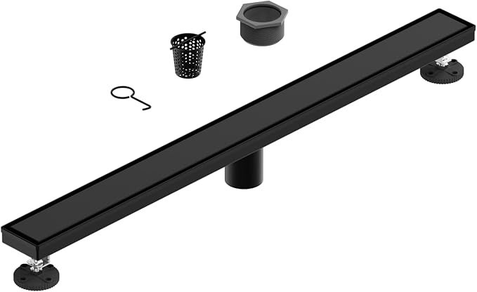 32-Inch Linear Shower Floor Drain, Stainless Steel Bathroom Floor Drains, Rectangular Shower Trench Floor Drain, Hair Strainer, Matte Black