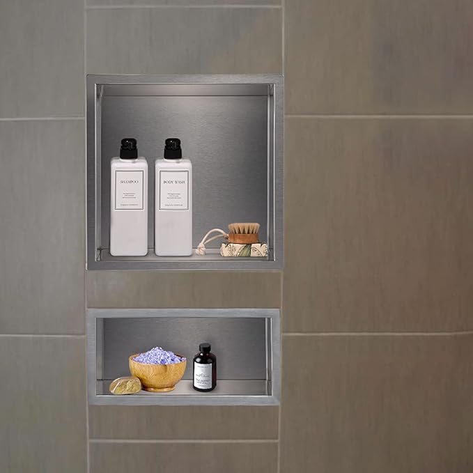 12"×6" Shower Niche Brushed Stainless Steel, Recessed Shower Caddy, Bathroom Shelf Insert Fits for 11"x5.1" Wall Hole Installation (Nickel)