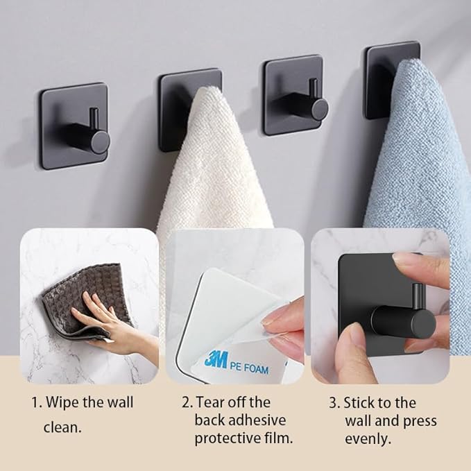 Miliocry 6 Packs Bathroom Towel Hooks, Adhesive Hooks Heavy Duty Wall Hook, Waterproof Stainless Steel Towel Hanger Robe Hat Coat Holder, Wall Mount Hooks for Bathroom,Bedroom,Kitchen(Black-Square)
