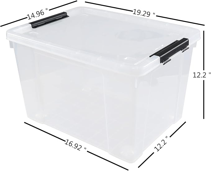 Drephia 4 Pack Clear Latch Storage Bin with Lid and Wheels, 50 L Large Plastic Storage Container Box