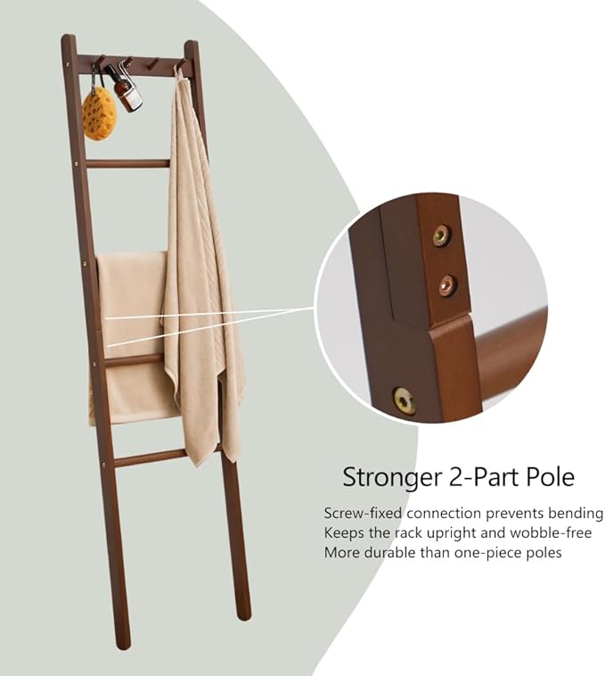 Beech Wood Blanket Ladder, 5.3ft Natural Farmhouse Quilt Holder with Top Hooks, 4-Bar Decorative Throw Rack, Towel Shelf for Living Room, Bedroom, Small Space Storage (Walunt)