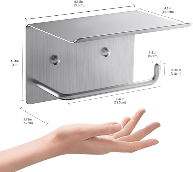 Toilet Paper Holder with Shelf, RV Camper Paper Holder Adhesive and Drilling Wall Mount, Matte Black Stainless Steel SUS304 for Bathroom, Brushed Nickel