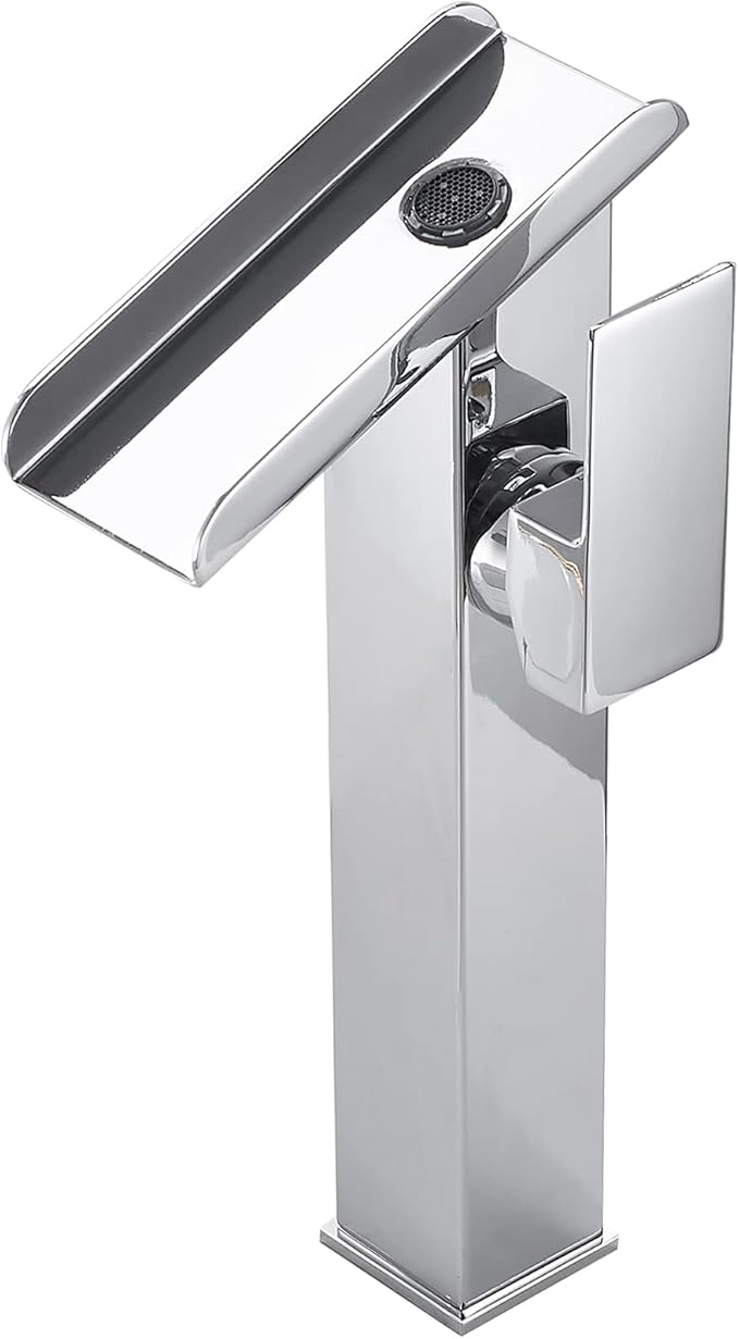 Bathroom Vessel Sink Faucet Chrome Waterfall Single Handle One Hole Bathroom Faucets Tall Brass Vanity Lavatory Bowl Sink Modern Commercial Basin Mix Tap Deck Mount Water Supply Hose