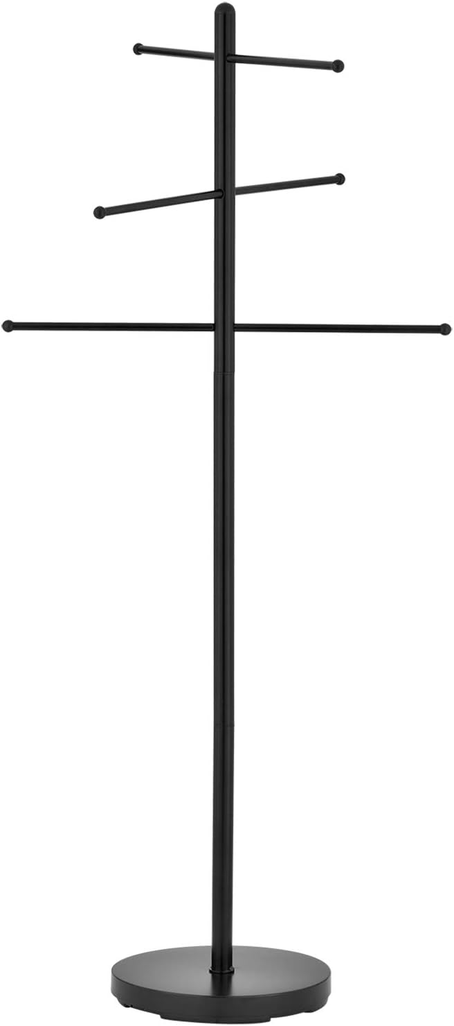 MyGift 6 Bar Outdoor Towel Rack for Pool, Modern Black Metal Free Standing Hot Tub Bathroom Accessories Storage Holder for Bath Towels, SPA & Poolside Towel Stand with Round Weighted Base