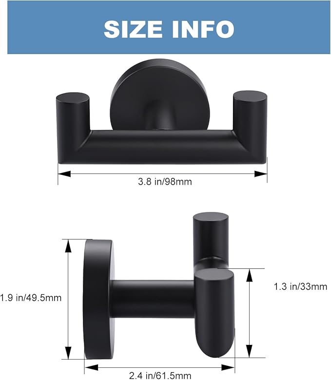 ALEASHA Shower Towel Hook for Bathroom, Stainless Steel Double Towel Hanger, Wall Mount Heavy Duty Bath Robe Hook Holder, Matte Black