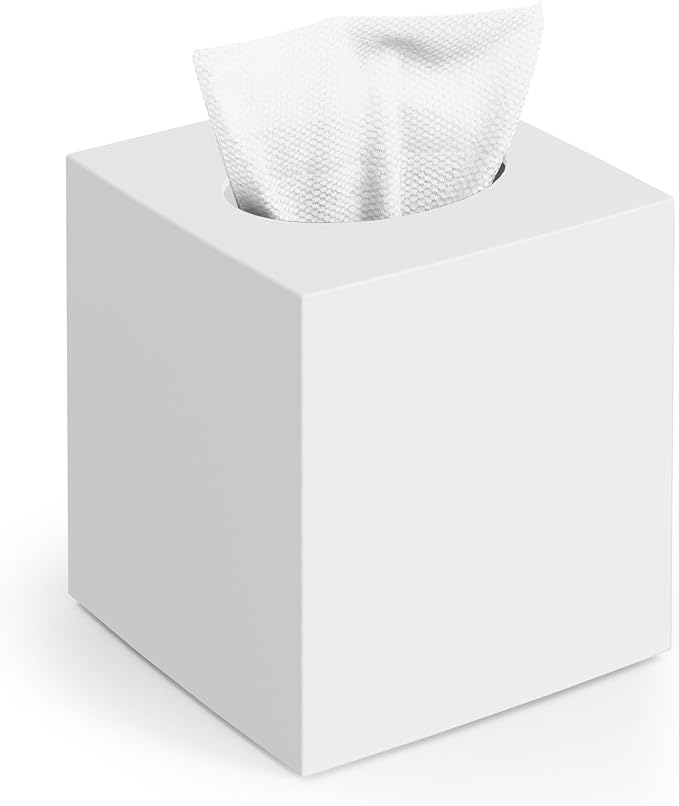 Tissue Box Cover, Square Modern Facial Acrylic Tissue Holder Napkin Dispenser Accessories for Bathroom Vanity Countertop,Bedroom Dresser,Night Stand,Desk,Office (White)