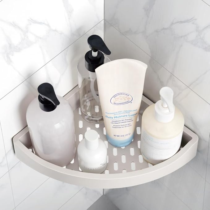 Corner Caddy Bathroom Shower Shelf Wall Mounted No Drilling Storage Shelves rack Adhesive Triangle Baskets ABS Bathroom Kitchen toilet Storage Basket Bathroom Accessories (Z 330 Light grey)