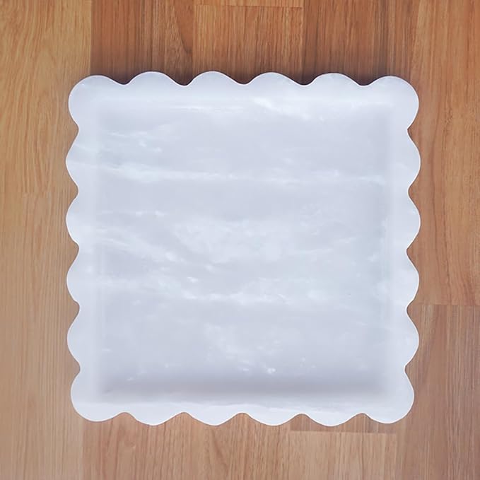 Luxurious White Marble Decorative Tray with Scalloped Edge, Elegant Serving and Vanity Organizer for Bathroom, Kitchen, Bar Display 7.8" L*7.8" W*0.7" H
