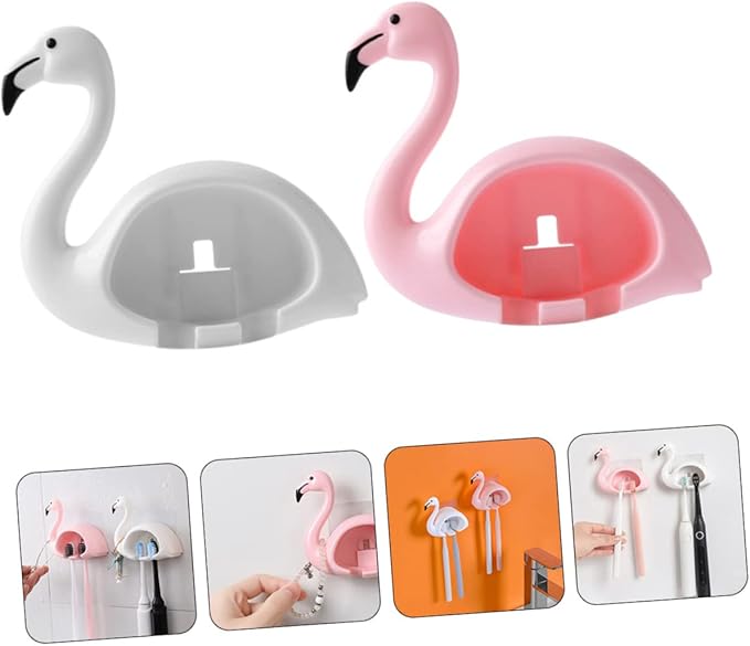 Unomor 2pcs Flamingo Toothbrush Holder Wall Mounted Electric Brush Organizer Punch Installation Cute Cartoon Design for Bathroom Storage and Family Use