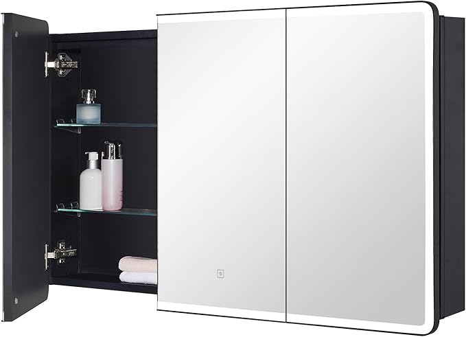 Lighted Bathroom Medicine Cabinet with Round Corner Framed Mirror Door 40 x 25.5 inch, Recessed or Surface Mount, with Adjustable Glass Shelves