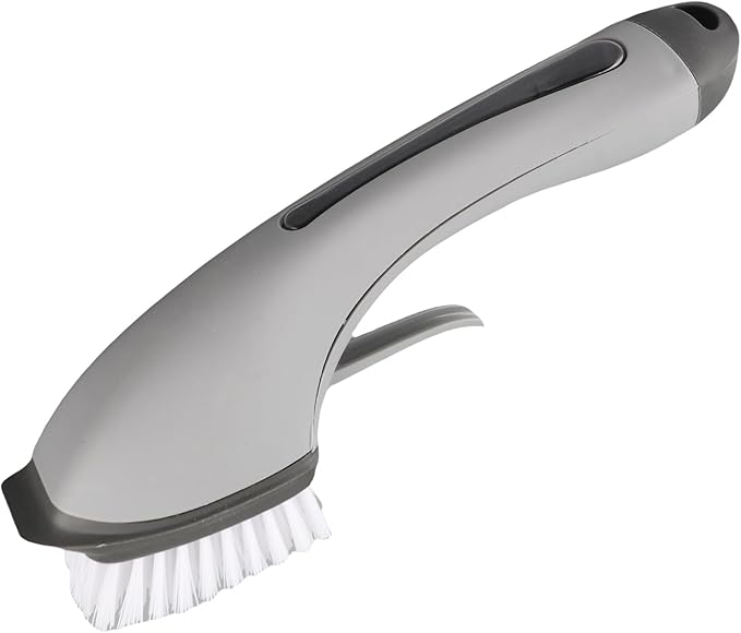 Soap Dispensing Dish Brush, Kitchen Scrub Brush with Soap Dispenser Fillable Long Grips Brush for Pans Pots Sink and Bathtub Washing, Green/Gray(Gray)