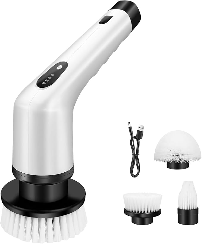 Jupitor Electric Spin Scrubber 3-in-1 Cordless Cleaning Brush - Soft Nylon Bristles, Dual Speed, USB Chargeable, White